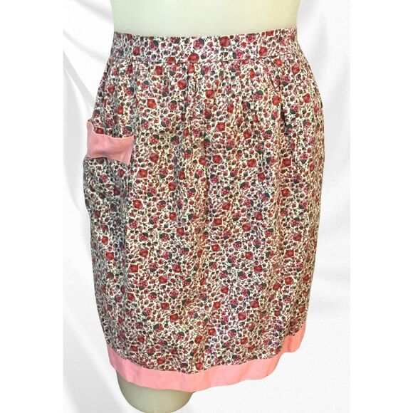 Vintage 1960s Mid Century Half Apron - Pink, Red, Gray, White Abstract Print - Picture 1 of 2